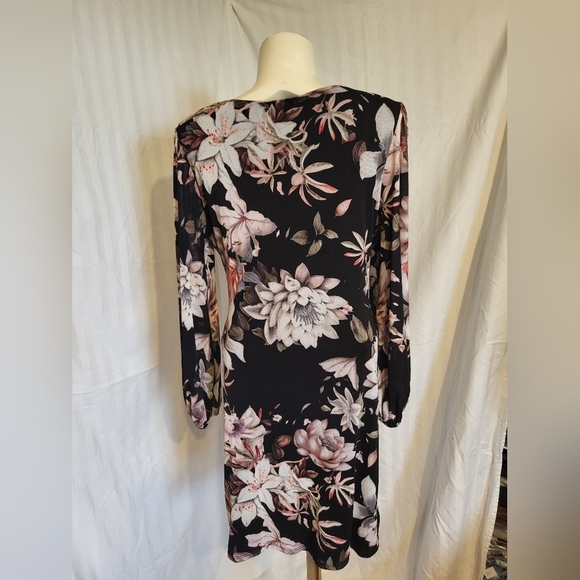 Eclipse Black and Pink Floral Long Sleeve Dress, Size Large - Picture 2 of 5